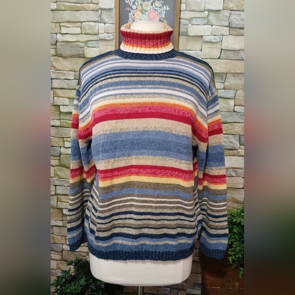 Tiara International Sweaters - Vintage Y2K Large Chunky Turtleneck Sweater Multicolor Stripes
